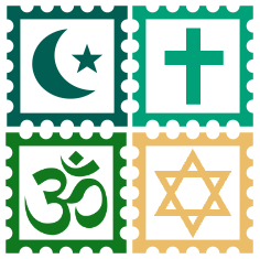 symbols of four major world religions: the star and crescent, cross, om, and star of David